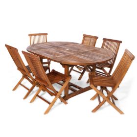 7-Piece Oval Extension Table Folding Chair Set with Blue Cushions