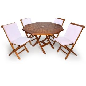 5-Piece 4-ft Teak Octagon Folding Table Set with White Cushions