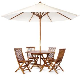 6-Piece 4-ft Teak Round Folding Table Set with Blue Umbrella