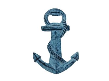Rustic Dark Blue Whitewashed Cast Iron Anchor Bottle Opener 5""