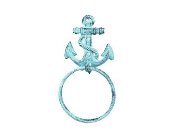 Dark Blue Whitewashed Cast Iron Anchor Towel Holder 8.5"