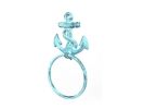 Dark Blue Whitewashed Cast Iron Anchor Towel Holder 8.5"