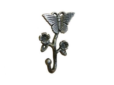 Rustic Silver Cast Iron Butterfly With Flowers Hook 5""