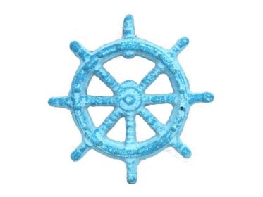 Light Blue Whitewashed Cast Iron Ship Wheel Bottle Opener 3.75""