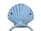Rustic Dark Blue Whitewashed Cast Iron Seashell Towel Holder 8.5""