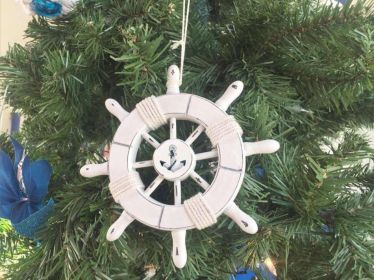 Rustic White Decorative Ship Wheel With Anchor Christmas Tree Ornament 6"