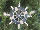 Rustic Dark Blue and White Decorative Ship Wheel With Starfish Christmas Tree Ornament 6""