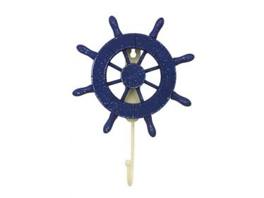 Rustic All Dark Blue Decorative Ship Wheel with Hook 8"