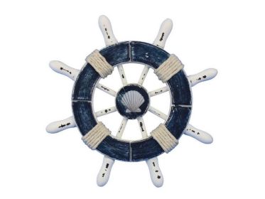 Rustic Dark Blue and White Decorative Ship Wheel With Seashell  6"