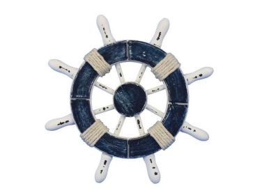 Rustic Dark Blue and White Decorative Ship Wheel 6""