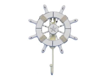 Rustic All White Decorative Ship Wheel with Starfish and Hook 8"