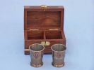 Antique Brass Anchor Shot Glasses With Rosewood Box 4"" - Set of 2