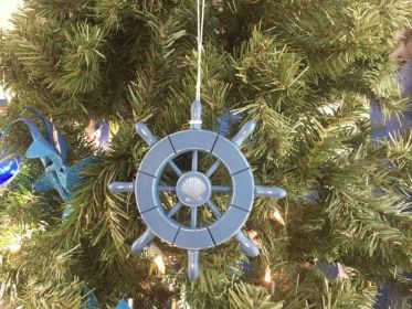 Rustic Light Blue Decorative Ship Wheel With Seashell Christmas Tree Ornament  6""
