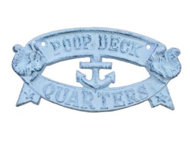 Whitewashed Dark Blue Cast Iron Poop Deck Quarters Sign 8""