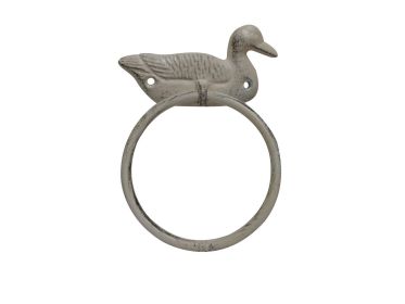 Aged White Cast Iron Mallard Duck Towel Holder 6.5""