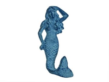 Rustic Light Blue Whitewashed Cast Iron Mermaid Hook 6"