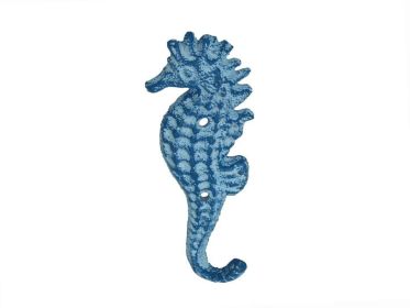 Rustic Light Blue Whitewashed Cast Iron Seahorse Hook 5"