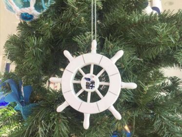 White Decorative Ship Wheel With Seagull Christmas Tree Ornament 6"