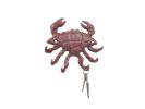 Red Whitewashed Cast Iron Decorative Crab with Six Metal Wall Hooks 7""