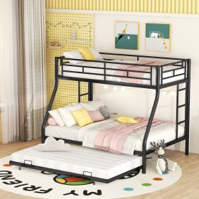 Twin over Full Bed with Sturdy Steel Frame, Bunk Bed with Twin Size Trundle, Two-Side Ladders, Black