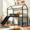 Metal House Bed With Slide; Twin Size Metal Loft Bed with Two-sided writable Wooden Board (Black )