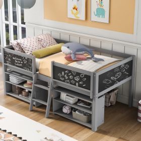 Twin Size Low Loft Bed with Two Movable Shelves and Ladder; with Decorative Guardrail Chalkboard; Gray