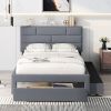Full Size Linen Upholstered Platform Bed With a Drawer and Storage Shelves