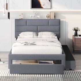 Full Size Linen Upholstered Platform Bed With a Drawer and Storage Shelves