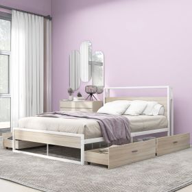 Full Size Metal Platform Bed Frame with  Four Drawers,Sockets and USB Ports ,Slat Support No Box Spring Needed