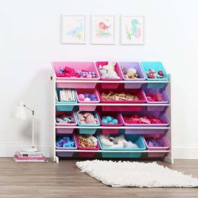 White/Pink Kids Toy Storage Organizer with 16 Plastic Bins