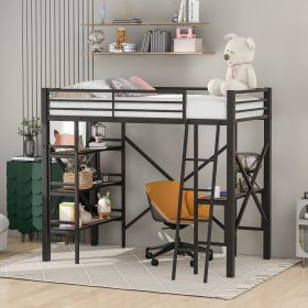 Twin Size Metal Loft Bed with Shelves and Desk