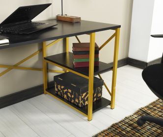 Furnish Home Store Morello Gold Metal Frame 47" Wooden Top 2 Shelves Writing and Computer Desk for Home Office; Black