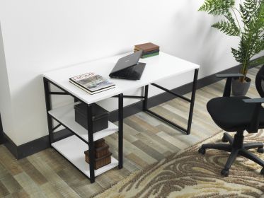 Home Store Sage Black Metal Frame 47" Wooden Top 2 Shelves Writing and Computer Desk for Home Office; White