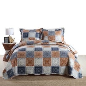 Qucover Quilts King Size 3-Piece Reversible Grey Brown Patchwork Quilt Bedspread with Shams; Soft Microfiber Coverlets Quilt Bedding Sets; 98x106 Inch