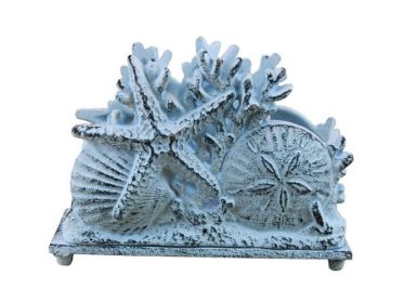 Rustic Dark Blue Whitewashed Cast Iron Seashell Napkin Holder 7""