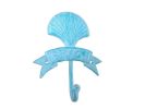 Rustic Light Blue Whitewashed Cast Iron Seashell Beach Hook 8""