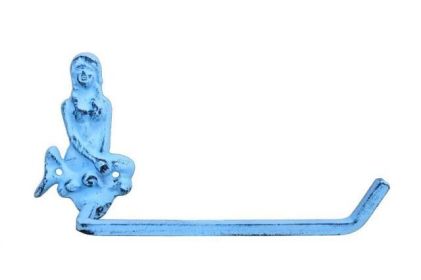 Dark Blue Whitewashed Cast Iron Mermaid Toilet Paper Holder 10""