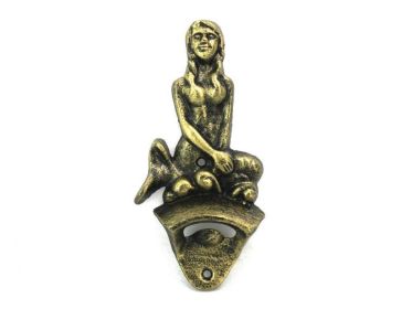 Antique Gold Cast Iron Wall Mounted Mermaid Bottle Opener 6"