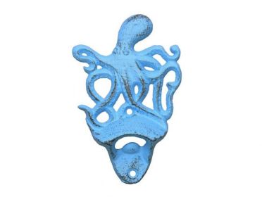 Rustic Light Blue Cast Iron Wall Mounted Octopus Bottle Opener 6"