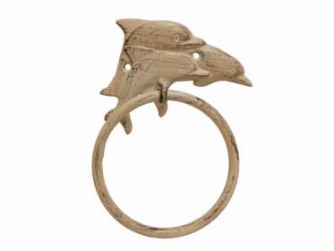 Aged White Cast Iron Dolphins Towel Holder 7""