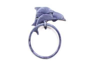 Rustic Dark Blue Cast Iron Dolphins Towel Holder 7"