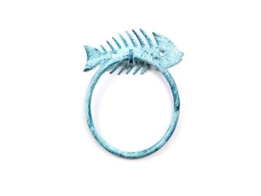 Rustic Dark Blue Whitewashed Cast Iron Fish Bone Towel Holder 5.5"