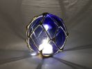 Tabletop LED Lighted Dark Blue Japanese Glass Ball Fishing Float with Brown Netting Decoration 4""