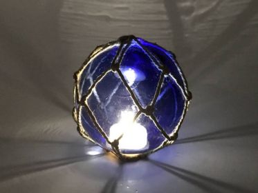 Tabletop LED Lighted Dark Blue Japanese Glass Ball Fishing Float with Brown Netting Decoration 4""