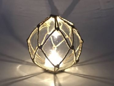 Tabletop LED Lighted Clear Japanese Glass Ball Fishing Float with Brown Netting Decoration 4""