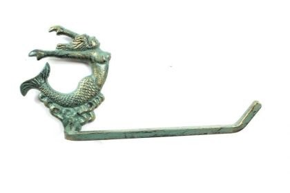 Antique Seaworn Bronze Cast Iron Decorative Arching Mermaid Toilet Paper Holder 11"