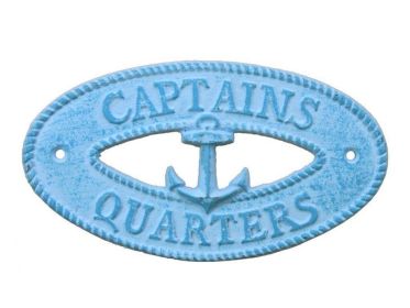 Light Blue Whitewashed Cast Iron Captains Quarters with Anchor Sign 8"