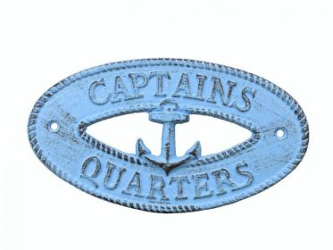 Rustic Light Blue Cast Iron Captains Quarters with Anchor Sign 8"
