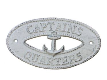 Whitewashed Cast Iron Captains Quarters with Anchor Sign 8"