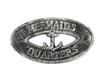 Antique Silver Cast Iron Mermaids Quarters with Anchor Sign 8"